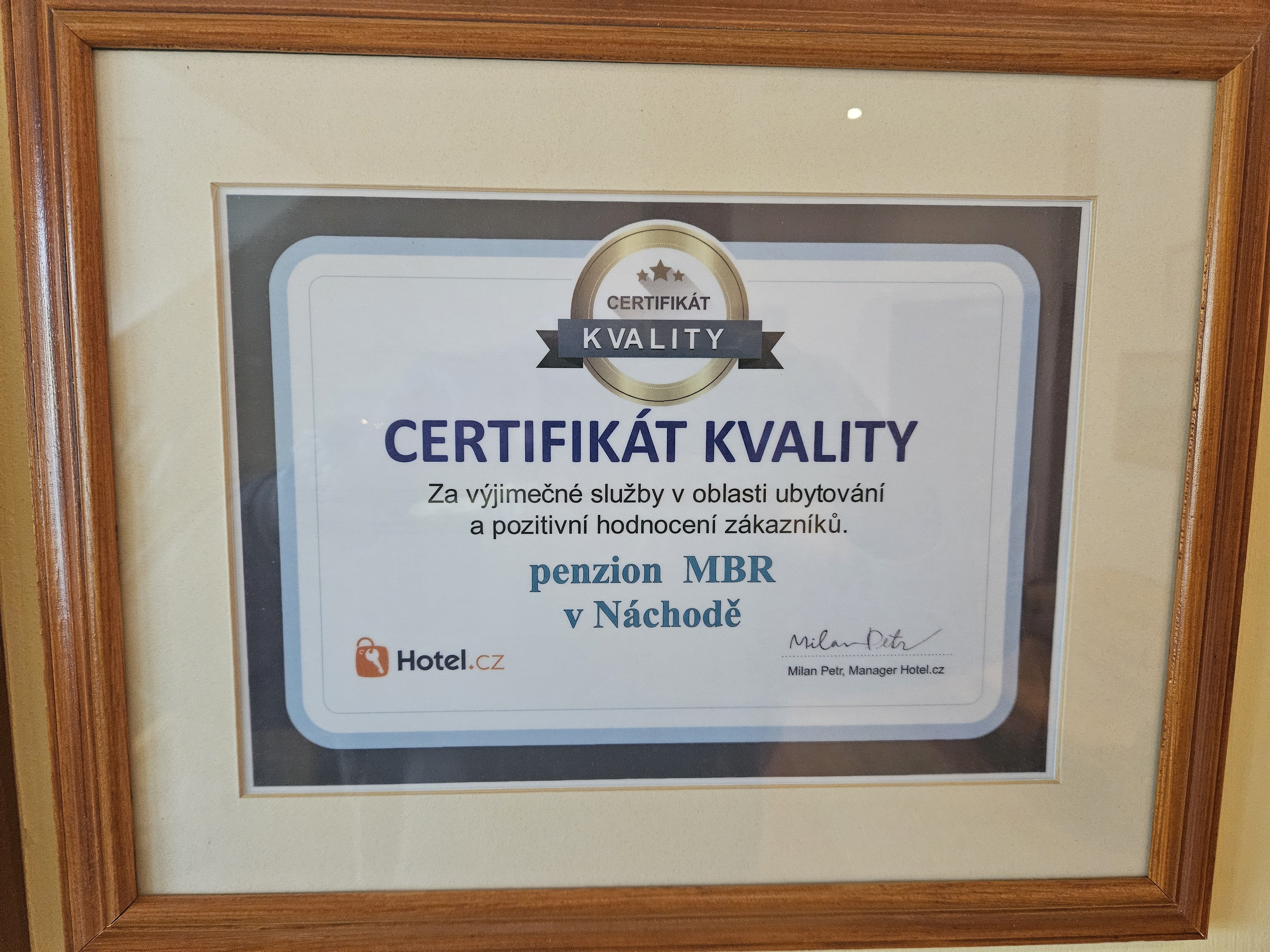 Certifikát kvality - Pension MBR Náchod